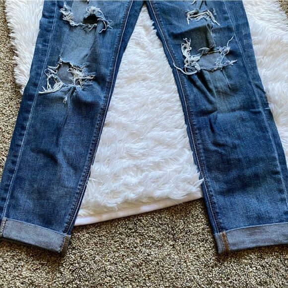 American Eagle Tomgirl Jeans Button Fly Raw Ankle Hem Blue Stretch Distressed 2 - Picture 5 of 10